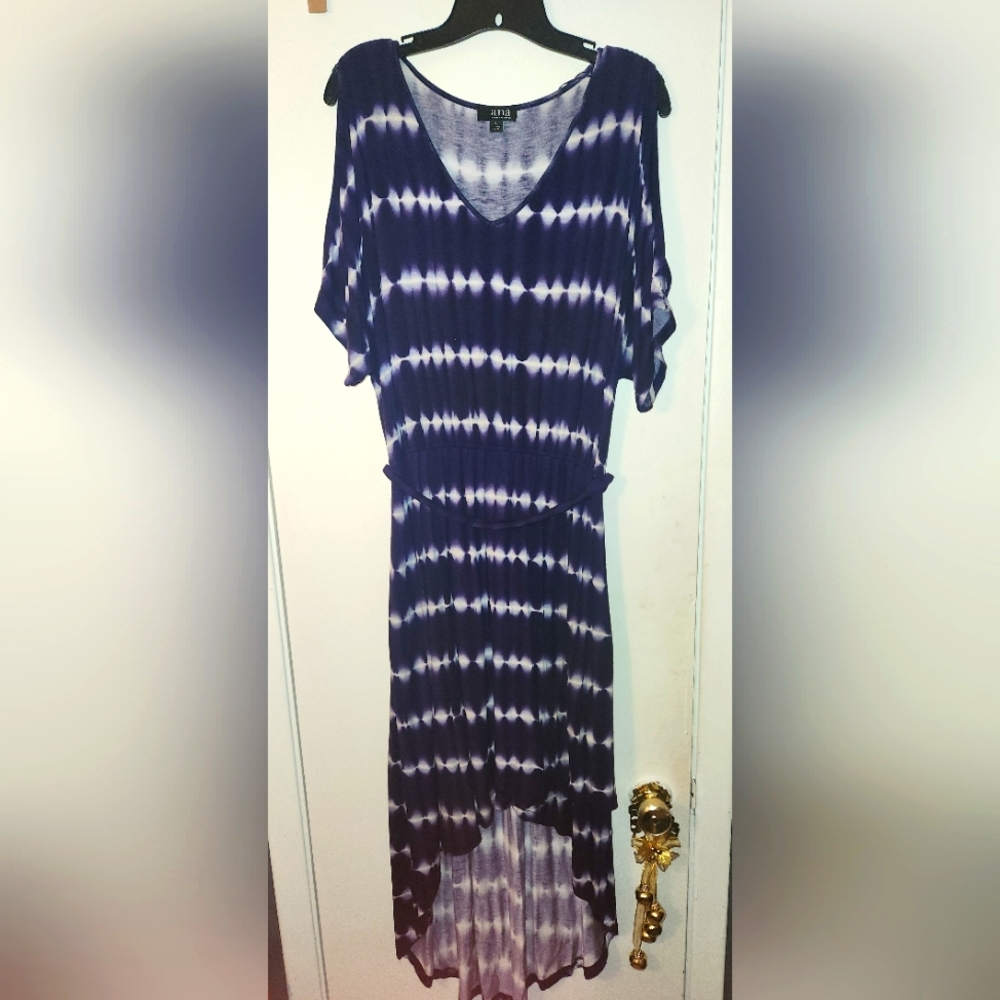 Purple tie-dye hi-low cold shoulder dress